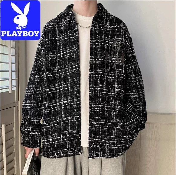 花花公子长袖衬衫男2023秋季潮牌宽松翻领衬衣男士休闲格子上衣服